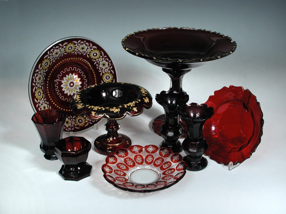 A collection of Bohemian ruby glass, to include a pedestal bowl, a comport with detachable base,