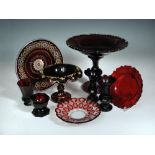 A collection of Bohemian ruby glass, to include a pedestal bowl, a comport with detachable base,