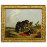 Edward Robert Smythe (British, 1810-1899) A Moorland pony with a donkey and a collie in a