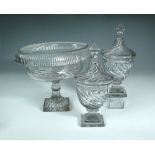 A George III Irish pedestal glass bowl, of oval form with fold over moulded rim, 27cm (10.6in) wide;
