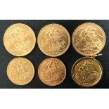 Three gold sovereigns 1964, and three half sovereigns for 1905 (in circular mount), 1907 and 1914 (