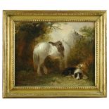 Edward Robert Smythe (British, 1810-1899) A grey pony eating a hedge, with a sheepdog guarding a