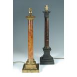 Two Corinthian column table lamps, each with faux marble columns and stepped bases, the taller