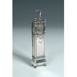 A Continental silver miniature 'longcase clock' box, probably Dutch, pseudo hallmarks to the base,