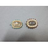 Two 19th century seed pearl and gem set lace pins, both of rectangular cushion outline, the first
