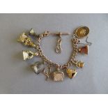 A curb link charm bracelet with seven hardstone set fob seals and others, the rose precious metal