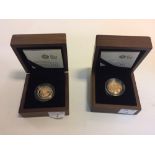 Two UK gold proof £1 coins for 2008 and London 2010, limited editions, encapsulated and boxed,