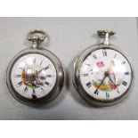 Two similar late 18th century silver pair cased pocket watches, both with painted dial centres and