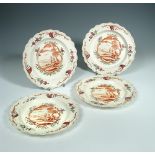 A set of four 18th century Leeds creamware plates, each painted to the centre in iron red with two