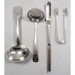 A group of Colebrooke crested silver flatware and implements, comprising three marrow scoops, by