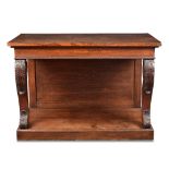 A Regency oak console, on leaf carved scroll bracket supports and plinth base 85 x 125 x 62cm (33