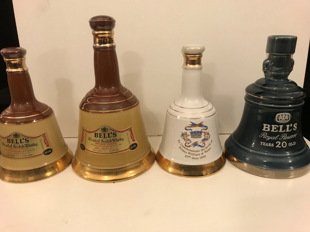 Bells whisky commemorative Wade decanters, sealed. Royal Reserve, 20 years old; Birthday of Prince