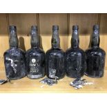 Dow's 1963 vintage port, Danish bottled (Carl Jacobsen), labels perished, most levels in neck, 5