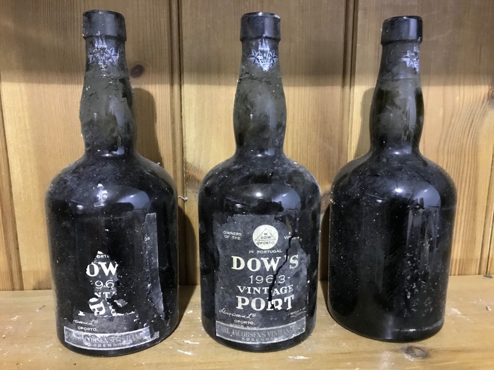 Dow's 1963 vintage port, Danish bottled (Carl Jacobsen), labels missing, most levels in neck, 10