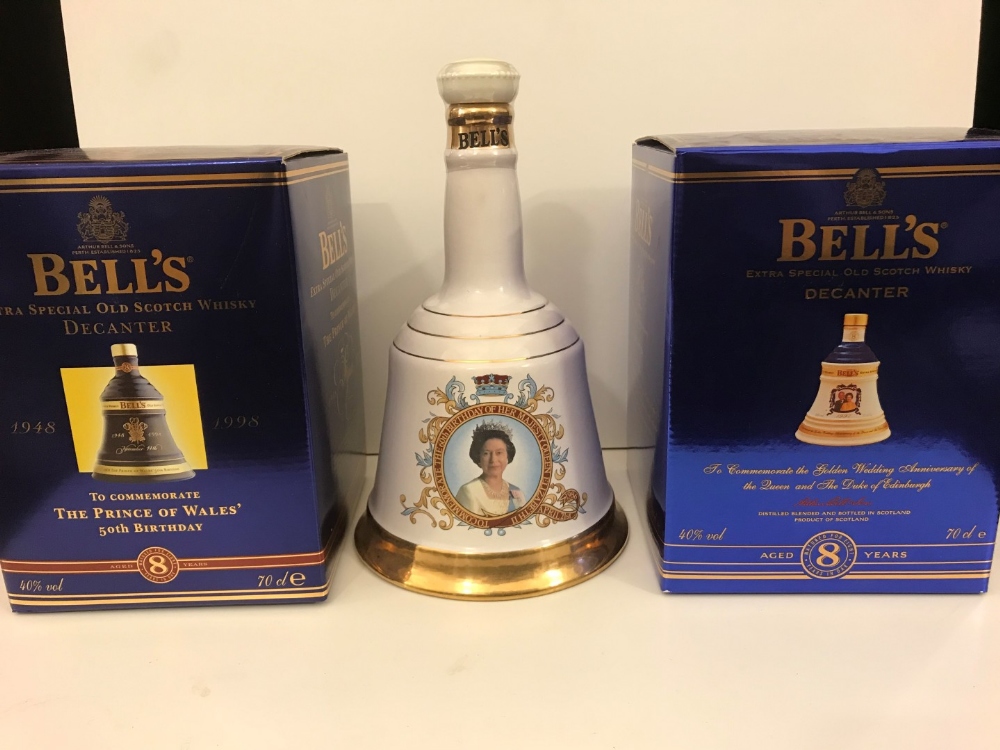 Bells whisky commemorative Wade decanters, sealed. Prince of Wales 50th birthday 1998 (boxed); The