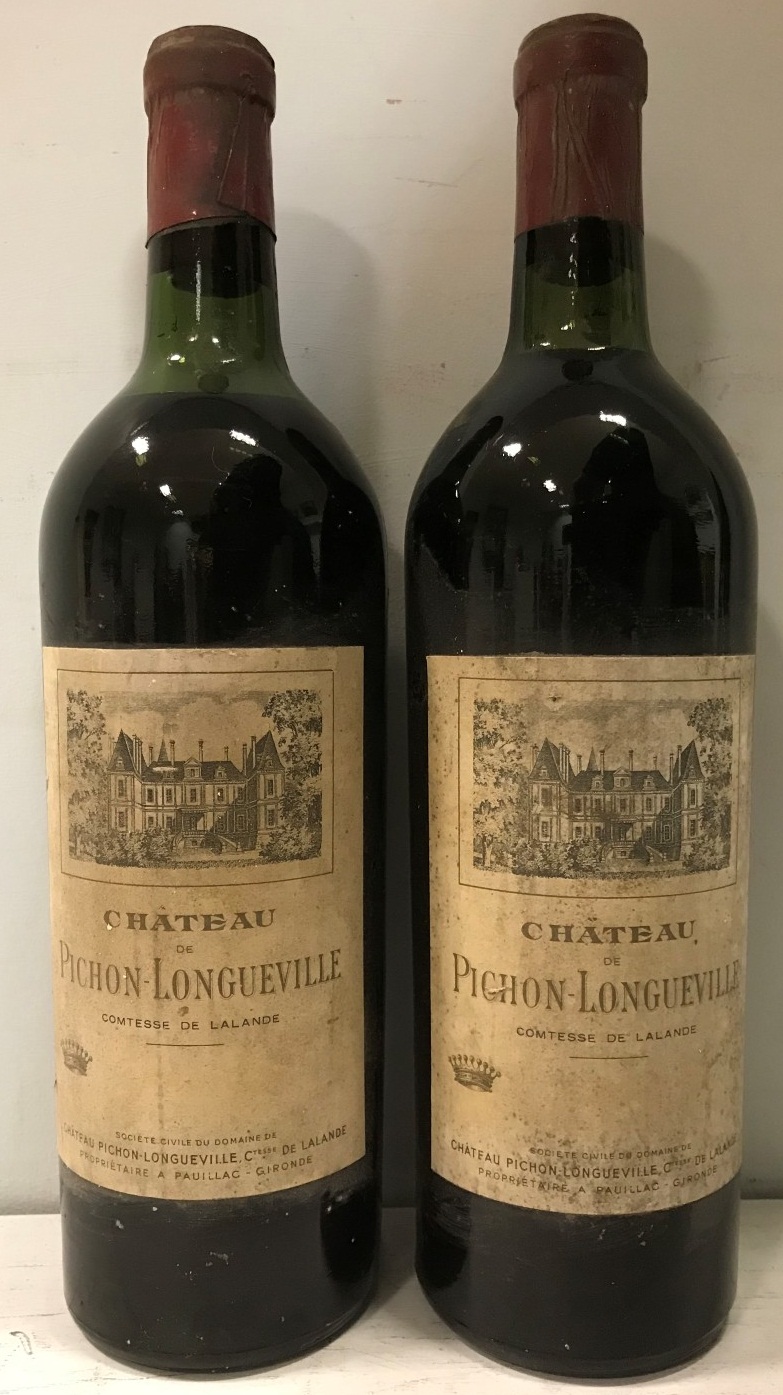 Chateau Pichon Longueville, Comtesse de Lalande 1955, 2 bottles, faded dates to labels, levels upper