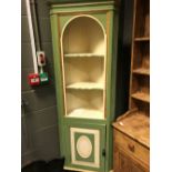 A floor standing painted pine corner cupboard, 193cm h x 68cm w