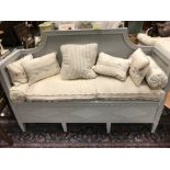 A Swedish grey painted settle, with loose cushions and box seat, 112cm h x 162cm wide