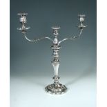 An old Sheffield plate three light, two branch candelabra,