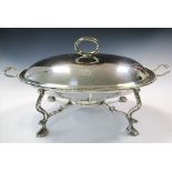 A Victorian silver chafing dish on plated warmer frame,