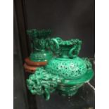 A modern Chinese malachite three part vase with wood stand