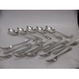 six silver dessert forks and five spoons, five table forks