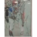 Susan Crawford, Study of racehorses and jockeys, red chalk; and a line drawing of a racehorse and