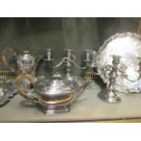 Collection of assorted silver plated items: teaset, candle snuffers, two trays, toastrack...