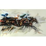 § Karen Davies (British, b. 1976), Racehorses at full speed, signed lower left "Karen Davies '09",