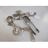 A quantity of silver flatware including:- A pair of Victorian silver fiddle pattern sugar tongs by