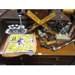 Middle Eastern decorative items: scribe's pen case, 4 tiles, pipes, Koran stand, enamelled drinks