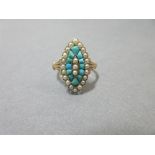 A 19th century turquoise and seed pearl ring of navette form, the central line of three seed