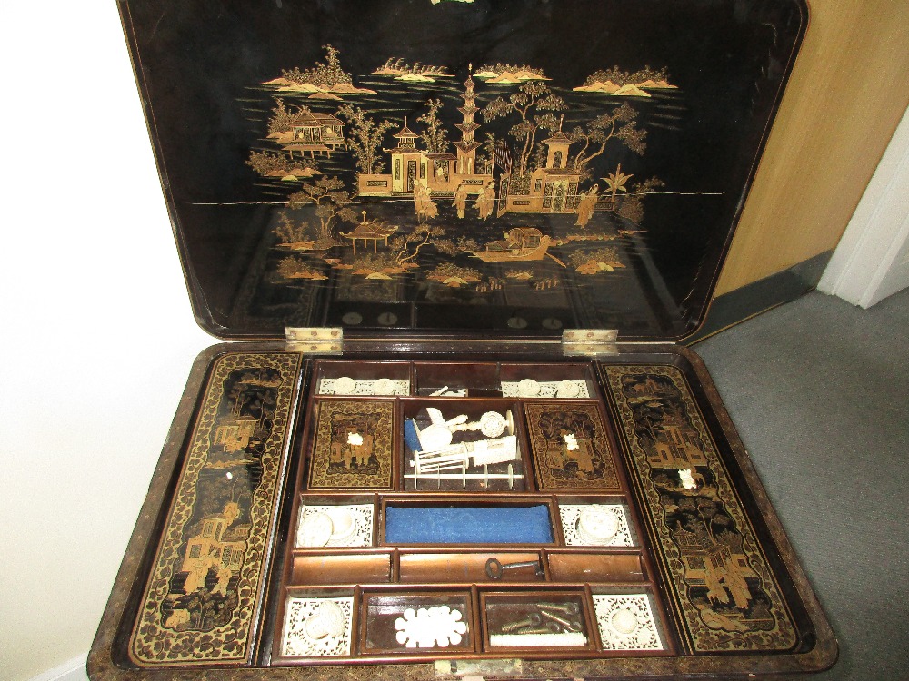 A mid 19th century Chinese black lacquer and gilt work table, with typical decoration, the hinged - Image 3 of 7