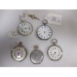 Five open faced silver cased pocket watches, condition and sizes vary