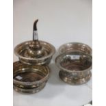 Five electroplate wine coasters, an Old Sheffield plate wine funnel and strainer, (6)