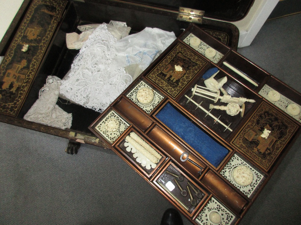 A mid 19th century Chinese black lacquer and gilt work table, with typical decoration, the hinged - Image 5 of 7