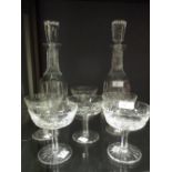 A pair of Waterford Linsmore design glass decanters and six matching champagne bowls