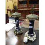 A pair of Continental blue glazed and gilt brass mounted table lamps (2)