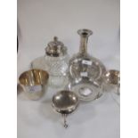 Various small and odd silver items: candlestick (loaded), hand mirror, mounted glass preserves