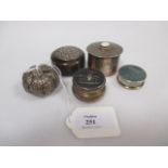 Three silver pill boxes and two others Indian