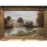 A Mortimer (British, 19th Century), River scene with picnickers on the bank, signed lower right "A