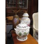 An early 20th century giltmetal and porcelain lamp, a Portmerion tureen and a German porcelain