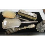 Silver mirror, brushes, scent bottles, silver table forks