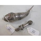 An Indian metalwares articulated fish with gem set eyes, a/f and an oriental white metal whistle,