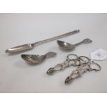 Two pairs of cast silver sugar nips, unmarked, A George II silver marrow scoop, by John Lambe,