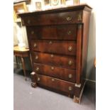 A French Empire mahogany chest of six drawers, with marble top and gilt handles, faults, 142cm h x