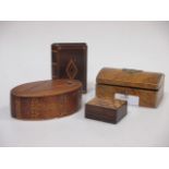 A 19th century marquetry oval trick box, a Tunbridge ware snuff, a book form box and a bird's eye