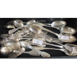 Matched 19th century silver fiddle pattern flatware: 30 pieces in groups of six, approx. 50ozs