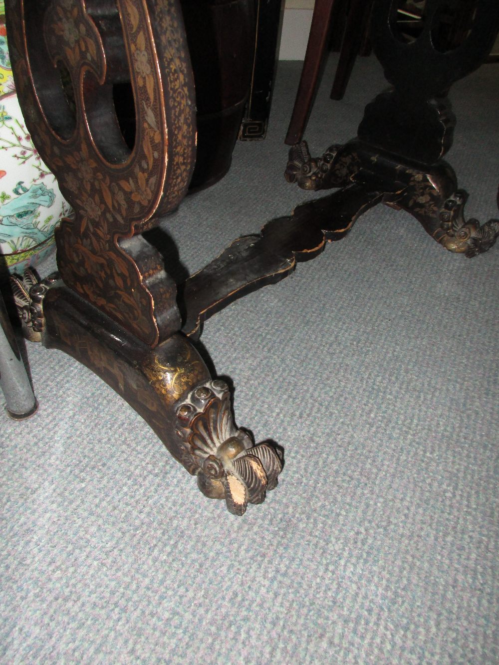 A mid 19th century Chinese black lacquer and gilt work table, with typical decoration, the hinged - Image 4 of 7