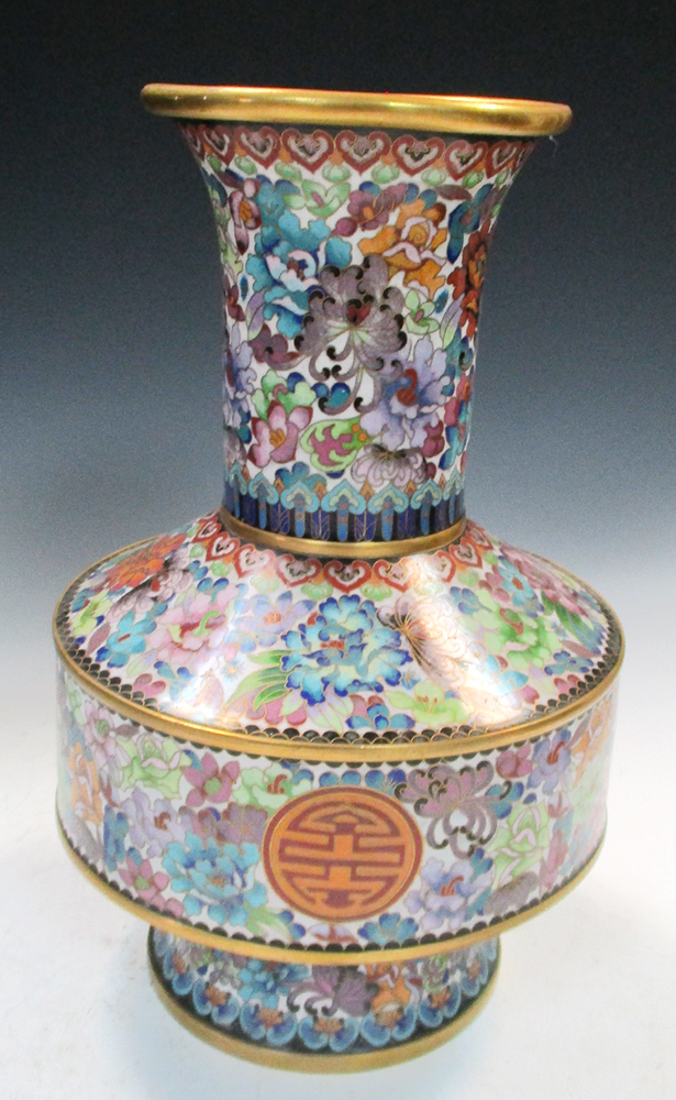 A 20th century Chinese cloisonne floral ground baluster vase, 32cm (12.5 in) high Good